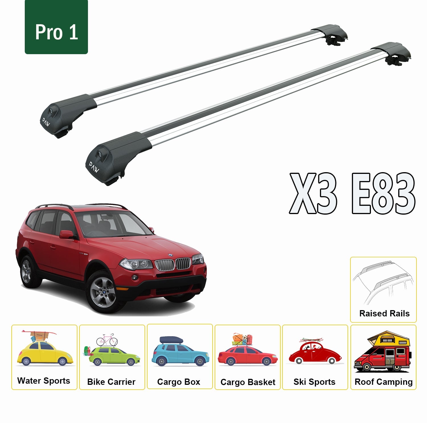 For Bmw X3 E83 2003-2011 Roof Rack System, Aluminium Cross Bar, Metal Bracket, Raised Rail, Silver For Bmw X3 E83 2003-2011 Roof Rack System, Aluminium Cross Bar, Metal Bracket, Raised Rail, Silver